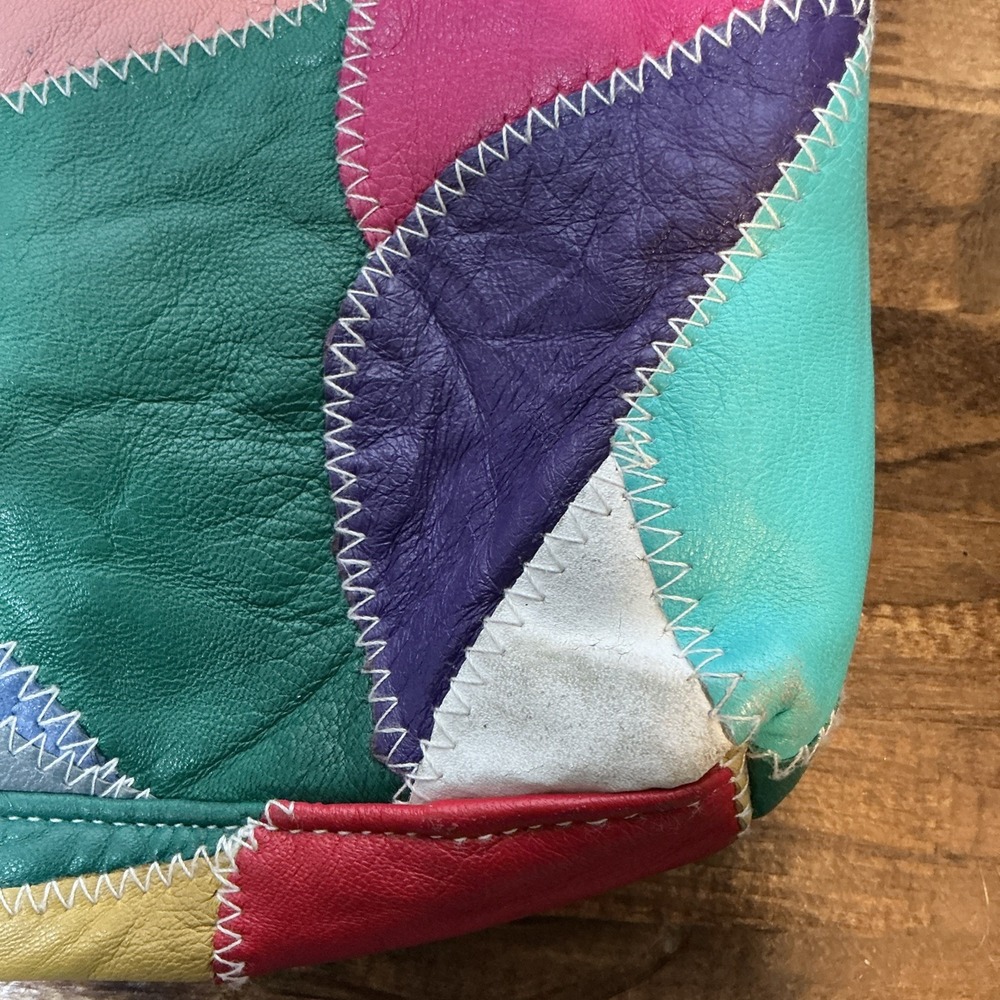 Vintage Genuine Leather Patchwork Tote Bag Multicolor Colorblock Shoulder Purse - Picture 9 of 16